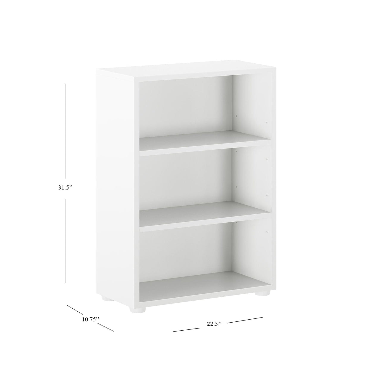 White three-shelf bookcase with dimensions, ideal for home or office storage solutions.