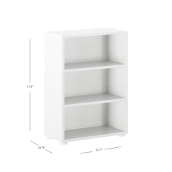 White three-shelf bookcase with dimensions, ideal for home or office storage solutions.