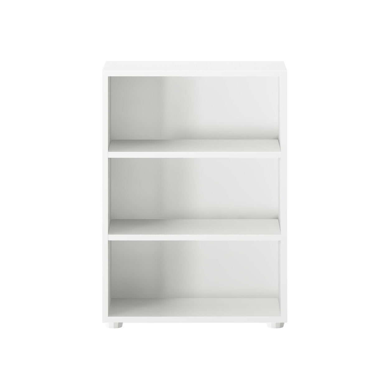White three-tier bookshelf for modern home organization and storage solutions.