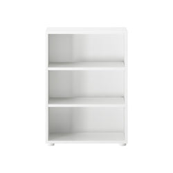 White three-tier bookshelf for modern home organization and storage solutions.
