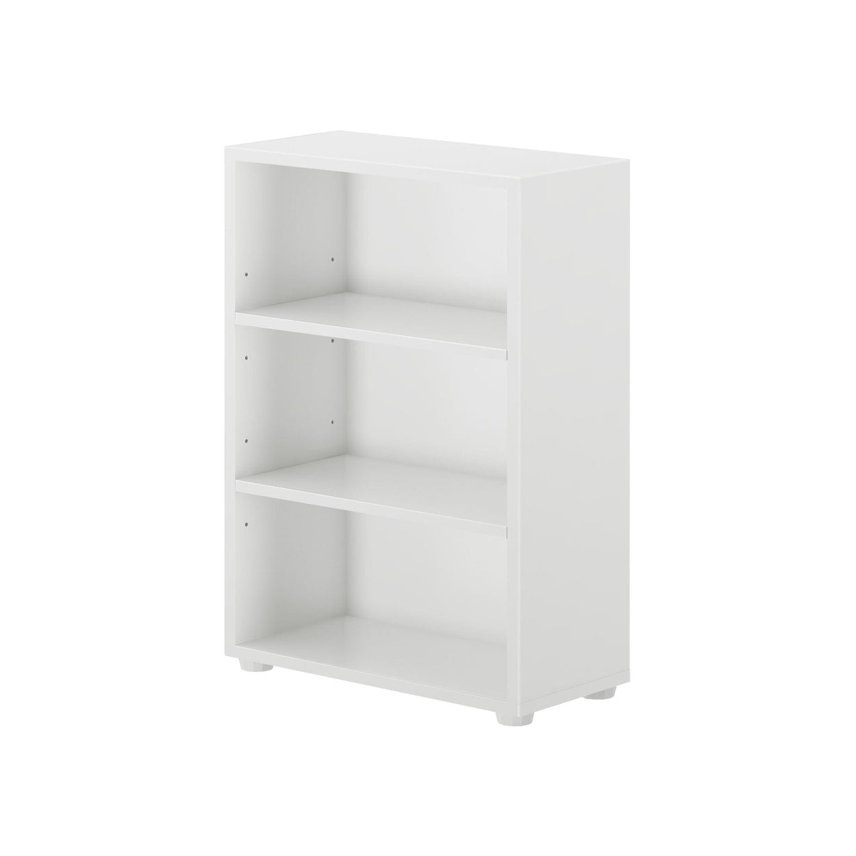 White three-shelf bookcase for home or office organization.