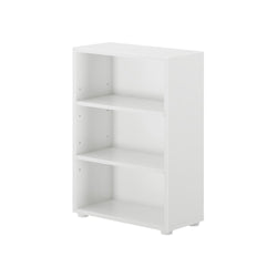 White three-shelf bookcase for home or office organization.