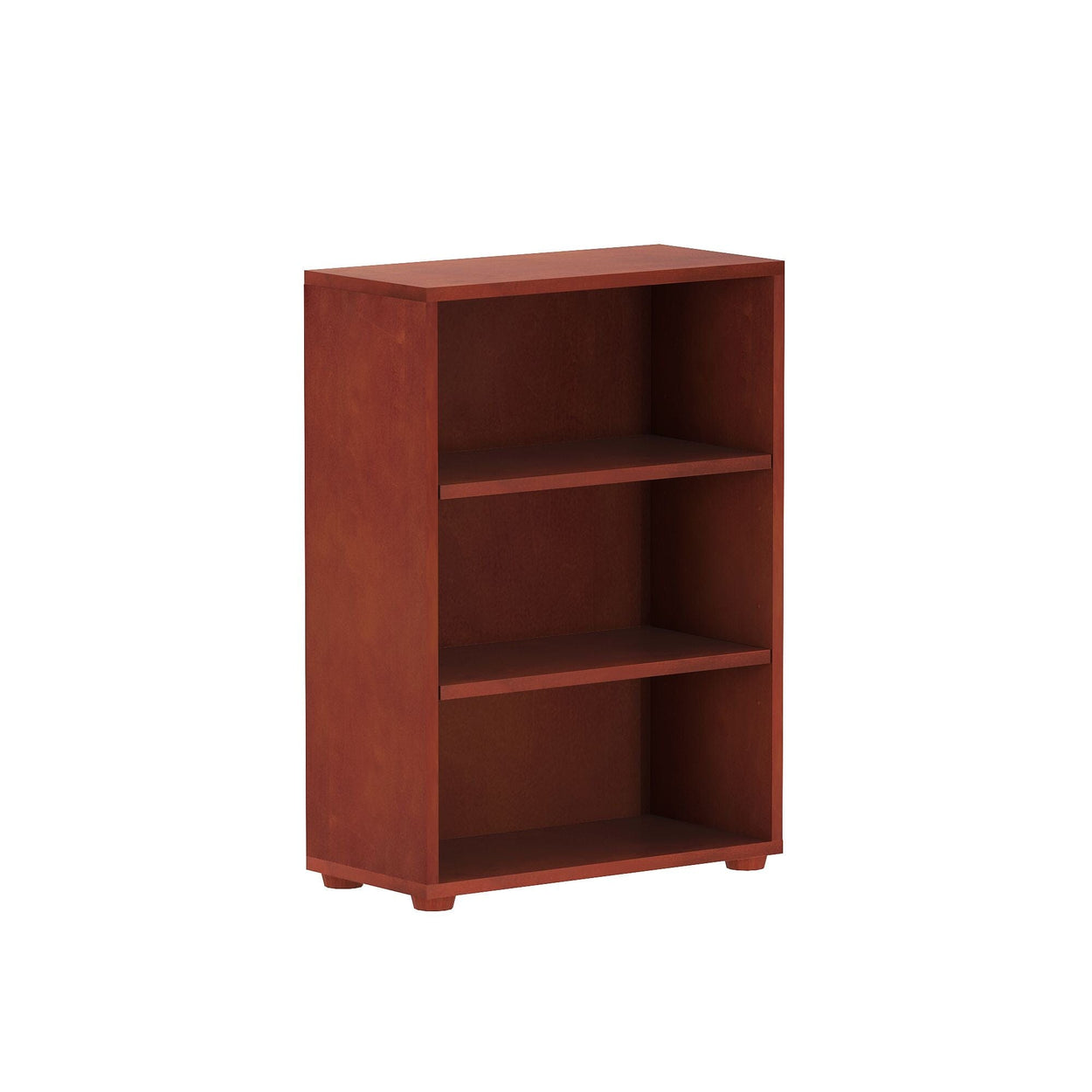 Three-shelf brown wooden bookcase for home or office storage solutions.