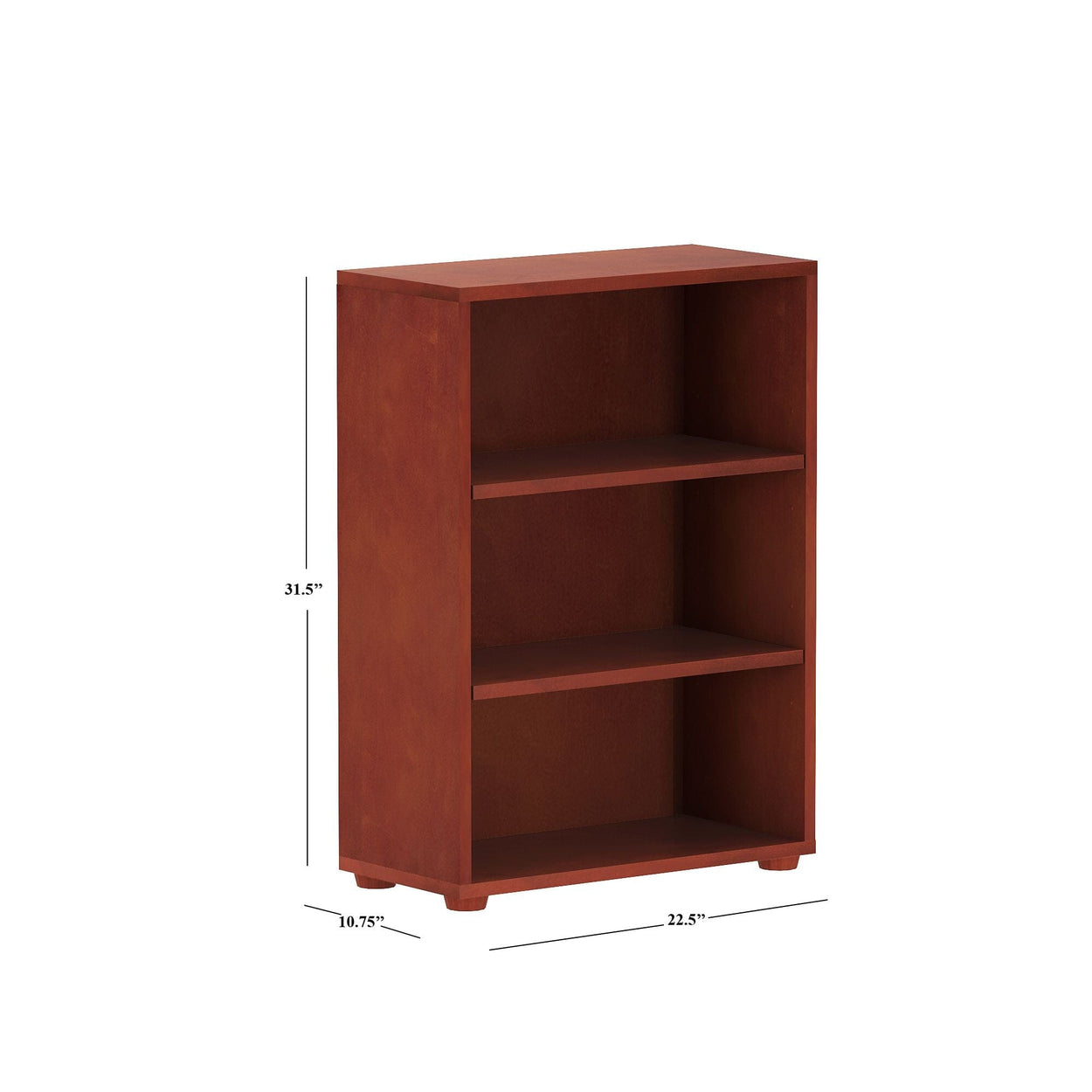 Three-shelf brown wooden bookcase with dimensions 31.5 inches high, 22.5 inches wide, and 10.75 inches deep.