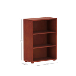 Three-shelf brown wooden bookcase with dimensions 31.5 inches high, 22.5 inches wide, and 10.75 inches deep.