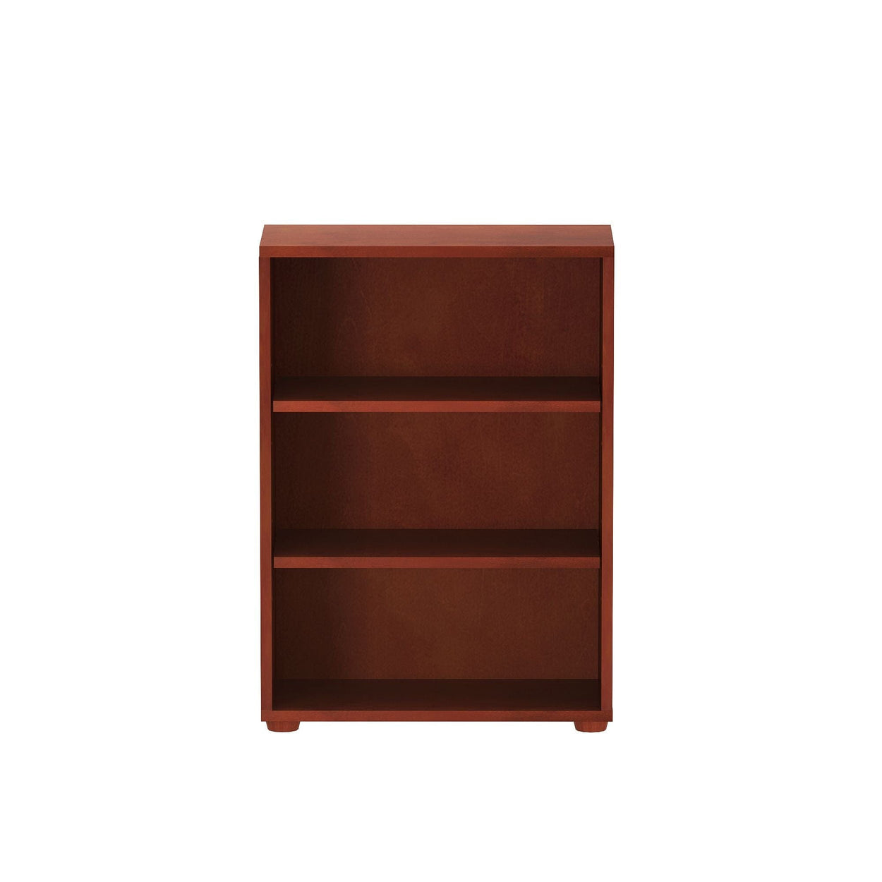 Brown wooden three-shelf bookcase for home or office storage.