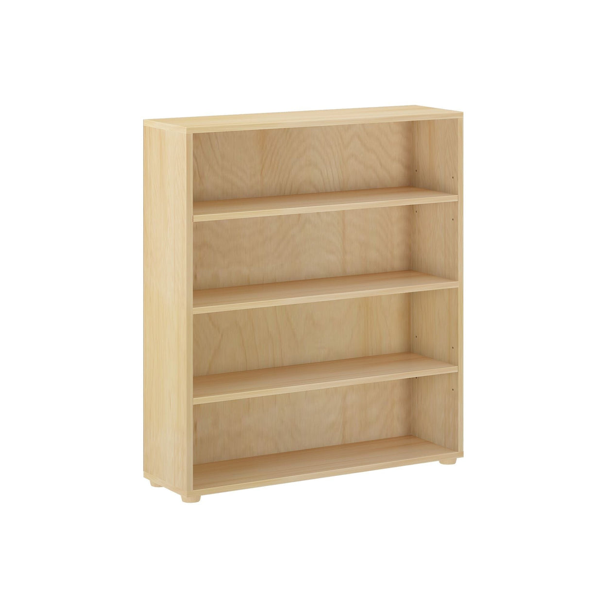 Wooden bookshelf with four shelves in natural finish.