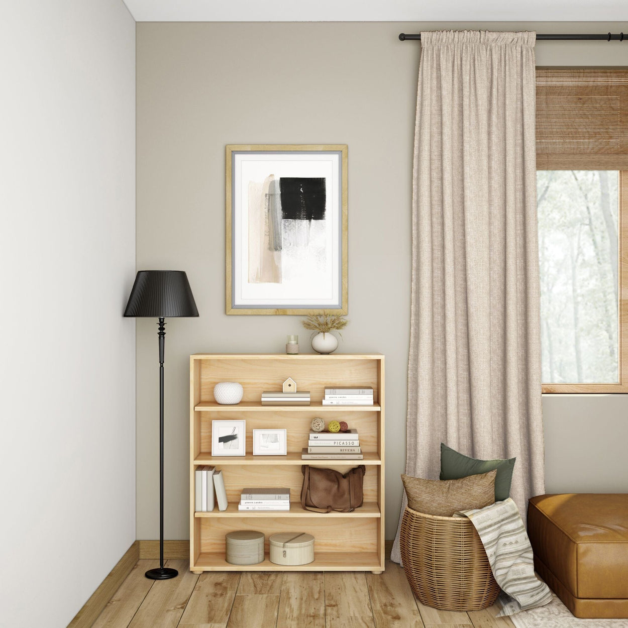 Modern living room interior with a wooden bookshelf, floor lamp, and cozy decor elements.