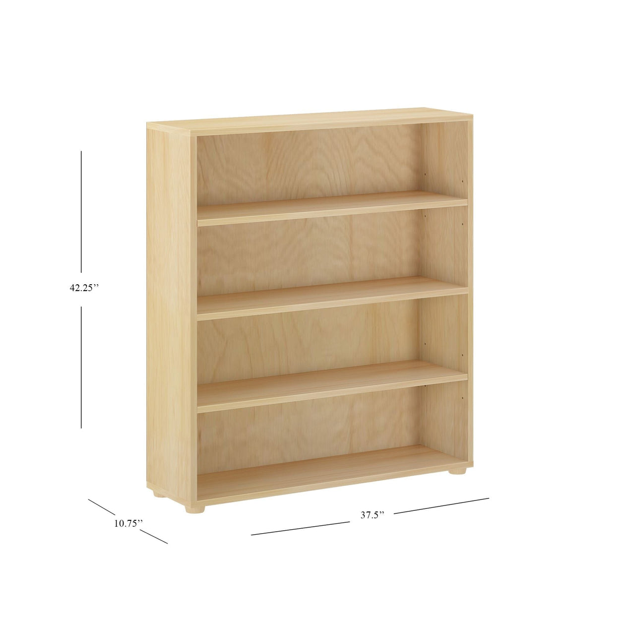 Wooden bookshelf with four shelves and dimensions: 42.25 inches height, 37.5 inches width, 10.75 inches depth.