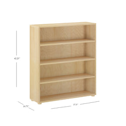 Wooden bookshelf with four shelves and dimensions: 42.25 inches height, 37.5 inches width, 10.75 inches depth.