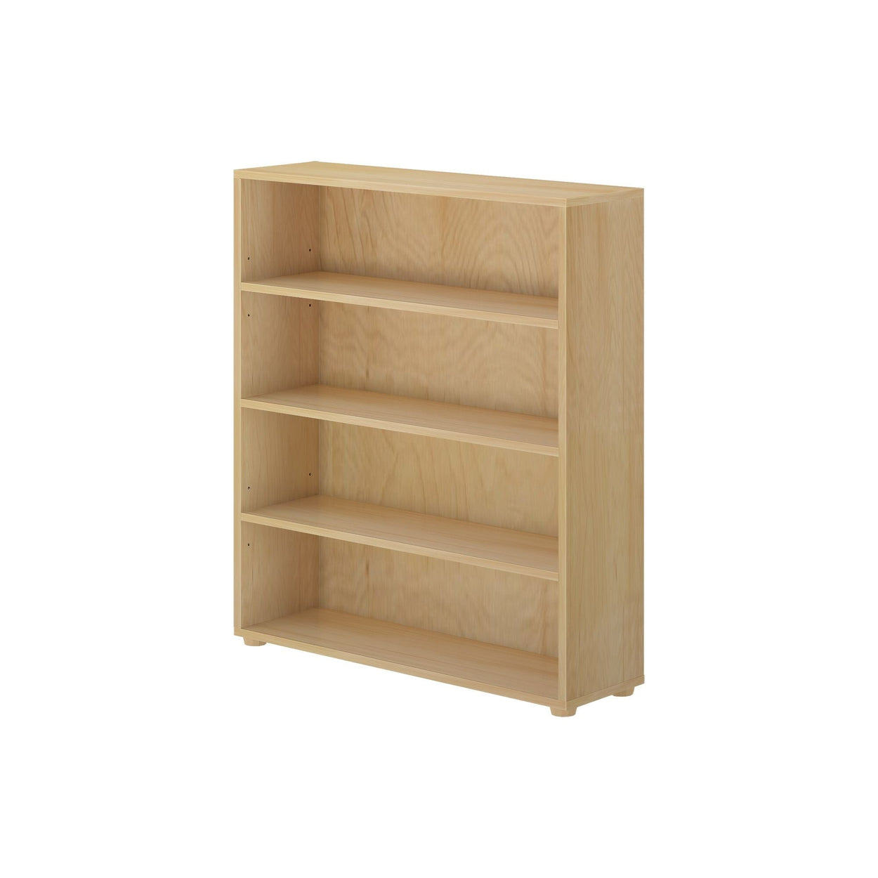 Wooden bookshelf with four shelves, ideal for home office or living room storage.