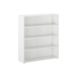 White wooden bookshelf with four shelves ideal for home or office storage.