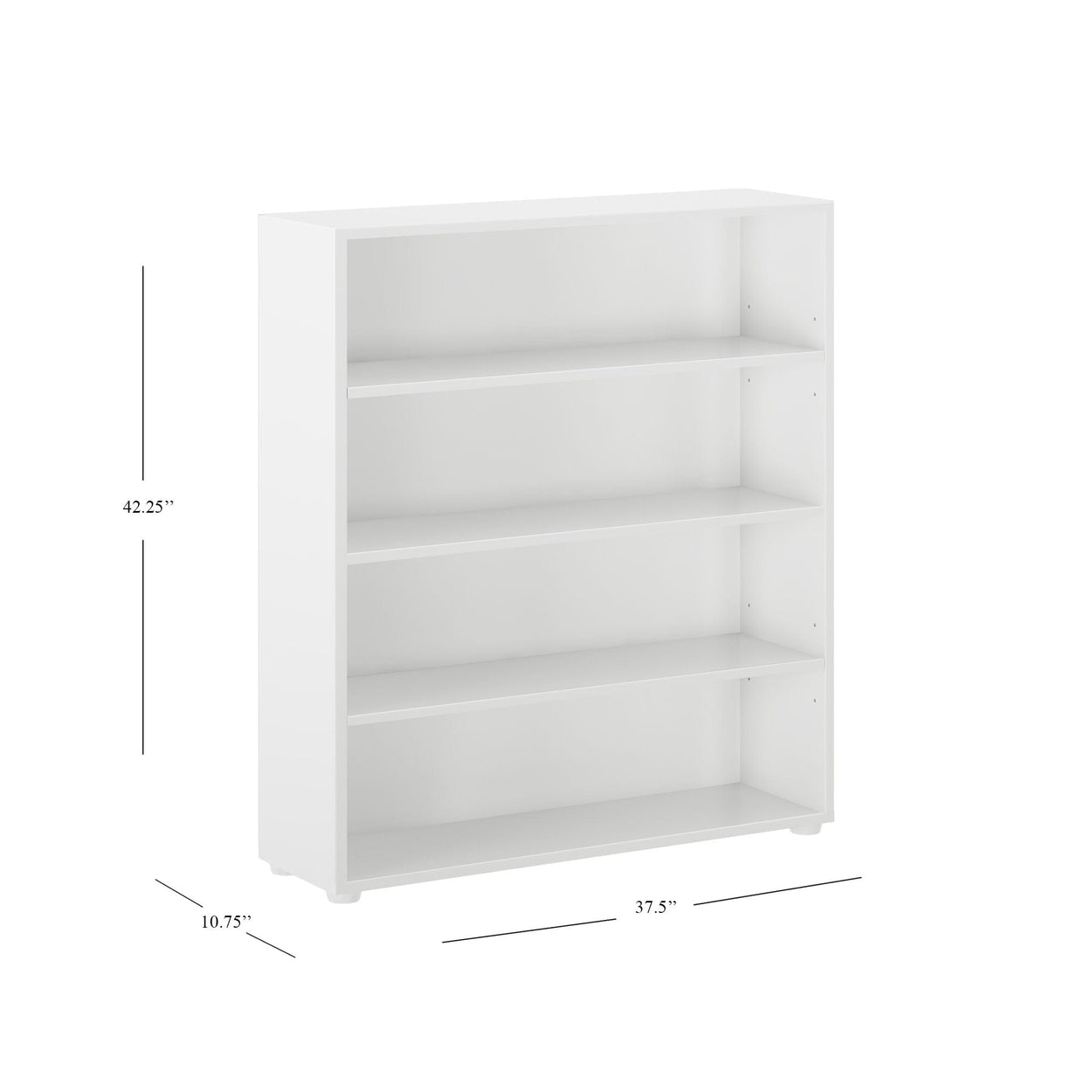 White four-shelf bookcase with dimensions 42.25" H x 37.5" W x 10.75" D.
