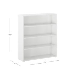 White four-shelf bookcase with dimensions 42.25" H x 37.5" W x 10.75" D.
