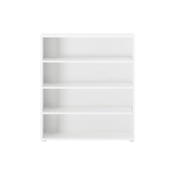 White four-tier bookshelf on a white background.