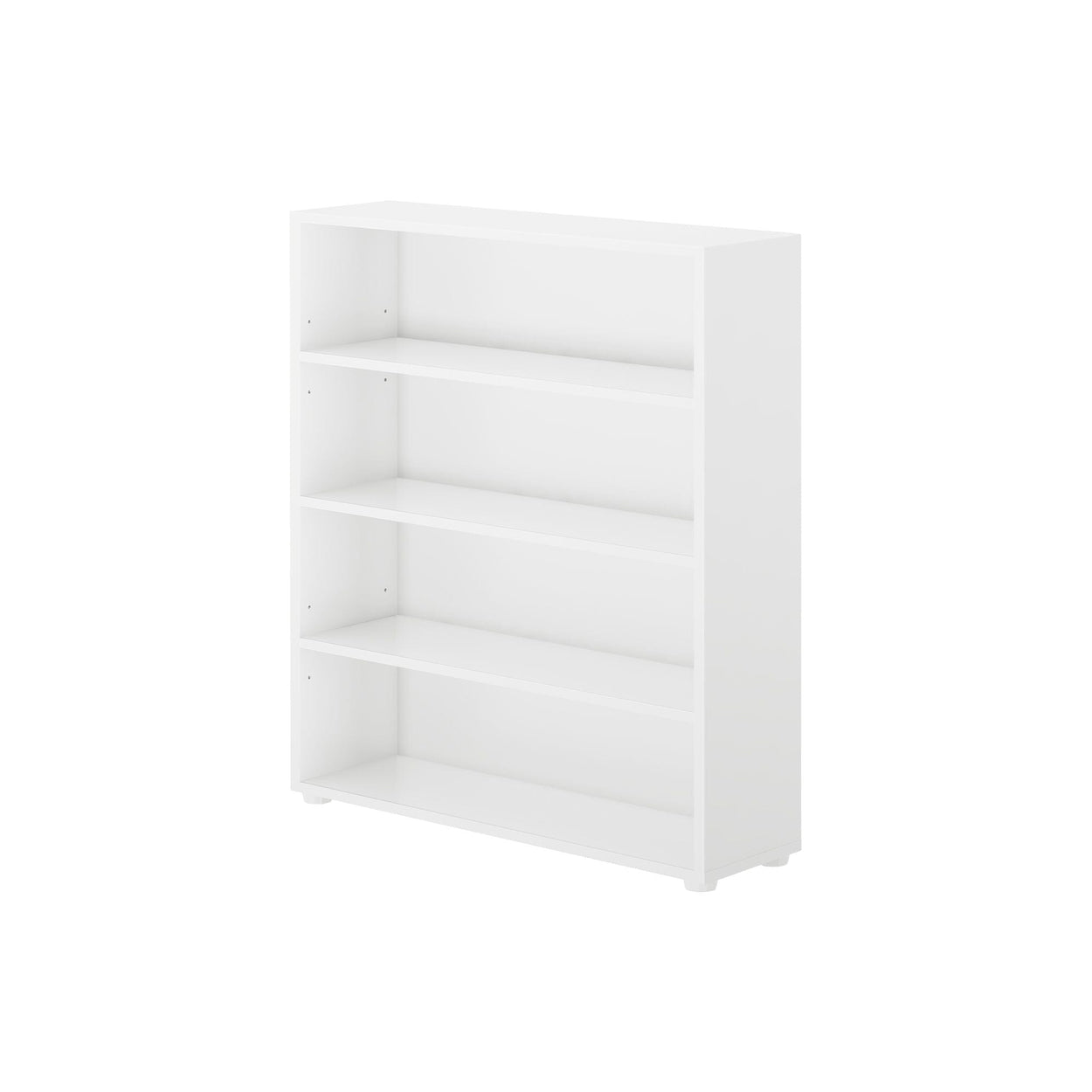 White wooden bookshelf with four shelves, perfect for home or office storage and display.