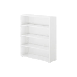 White wooden bookshelf with four shelves, perfect for home or office storage and display.