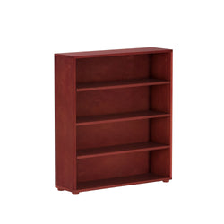 Rustic wooden bookshelf with four spacious shelves for home or office storage.