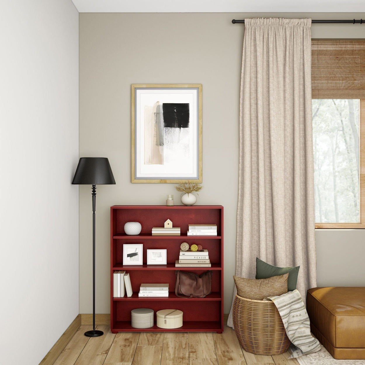 Cozy living room with a red bookshelf, modern floor lamp, and minimalist wall art.