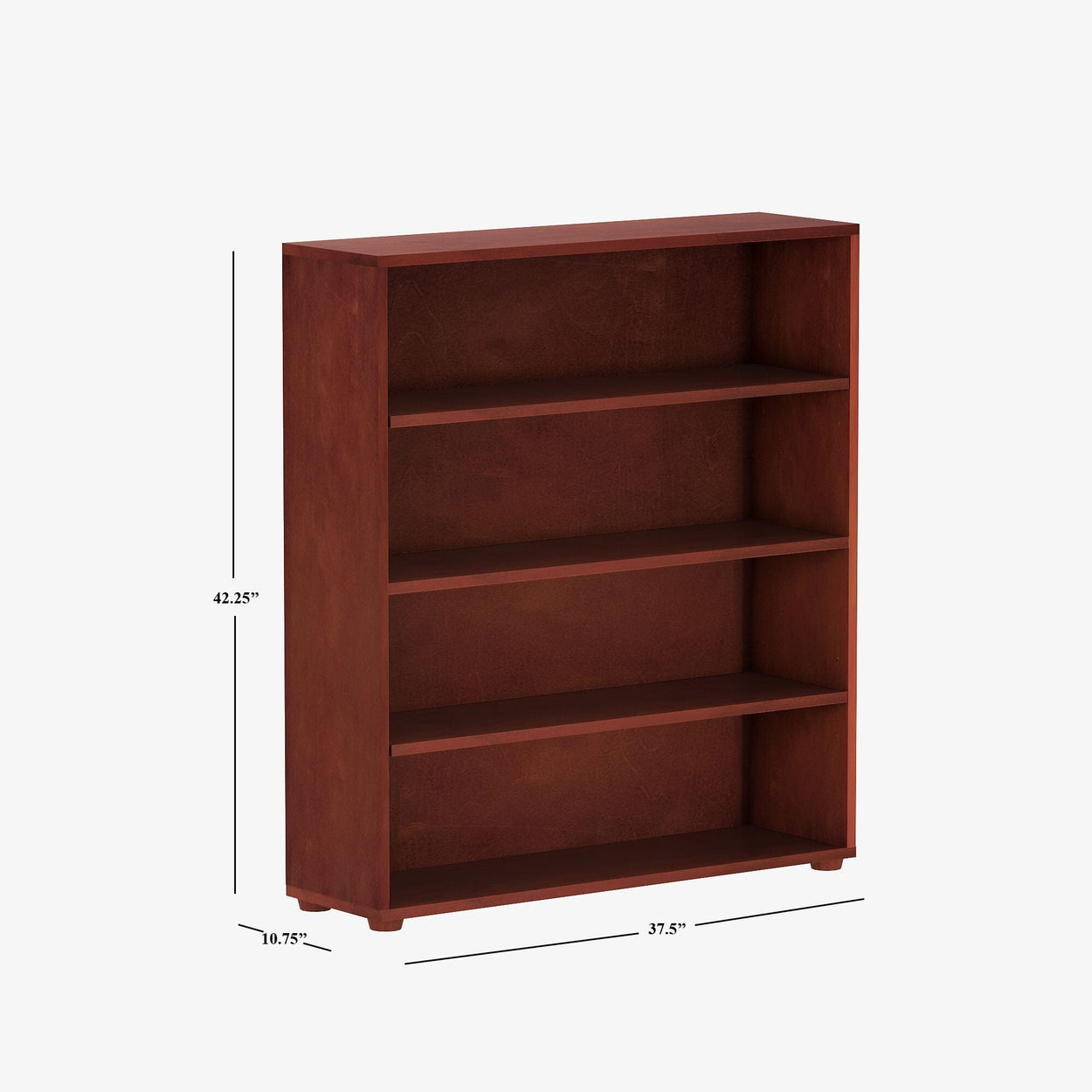 Cherry wood bookcase with four shelves, dimensions 42.25 inches tall, 37.5 inches wide, and 10.75 inches deep.