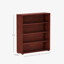 Cherry wood bookcase with four shelves, dimensions 42.25 inches tall, 37.5 inches wide, and 10.75 inches deep.