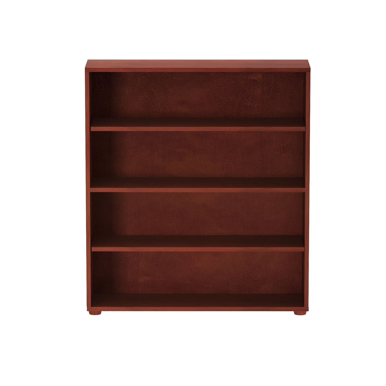Four-shelf wooden bookcase in dark brown finish, ideal for home or office storage.