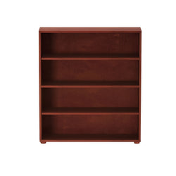 Four-shelf wooden bookcase in dark brown finish, ideal for home or office storage.