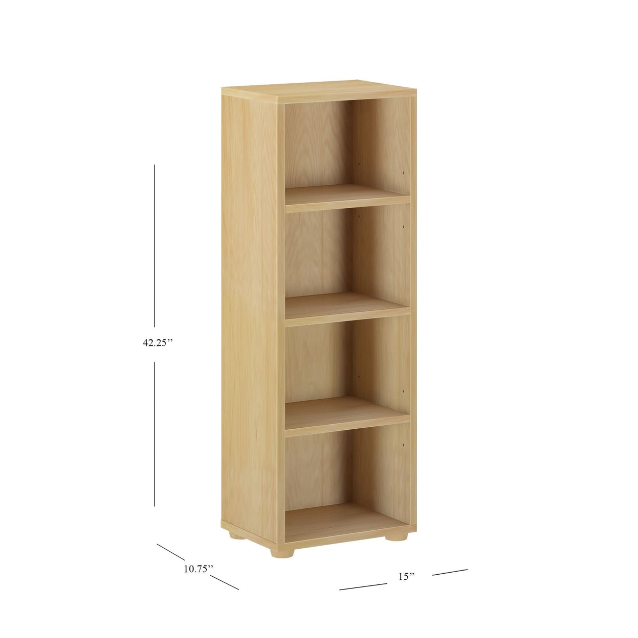 Wooden four-shelf bookcase with dimensions 42.25 inches high, 15 inches wide, and 10.75 inches deep.