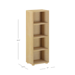 Wooden four-shelf bookcase with dimensions 42.25 inches high, 15 inches wide, and 10.75 inches deep.