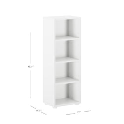 Tall white wooden bookcase with four shelves, measuring 42.25 inches in height, 15 inches in width, and 10.75 inches in depth.