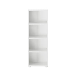 White four-shelf bookcase for home or office storage solutions.