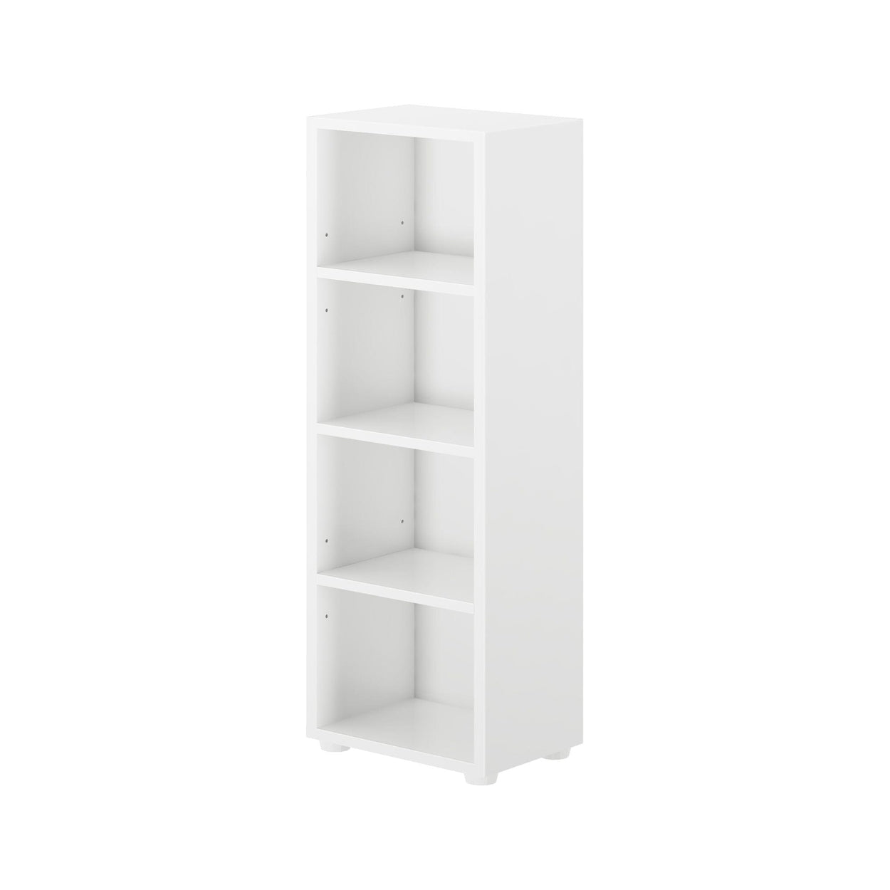 White bookshelf with four open shelves for home or office storage.
