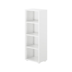 White bookshelf with four open shelves for home or office storage.