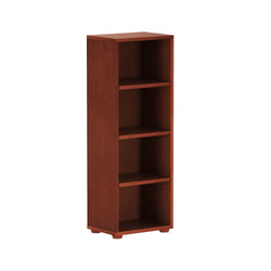 Four-shelf wooden bookcase with a dark brown finish.