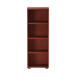 Wooden four-shelf bookcase in rich brown finish for home office storage.