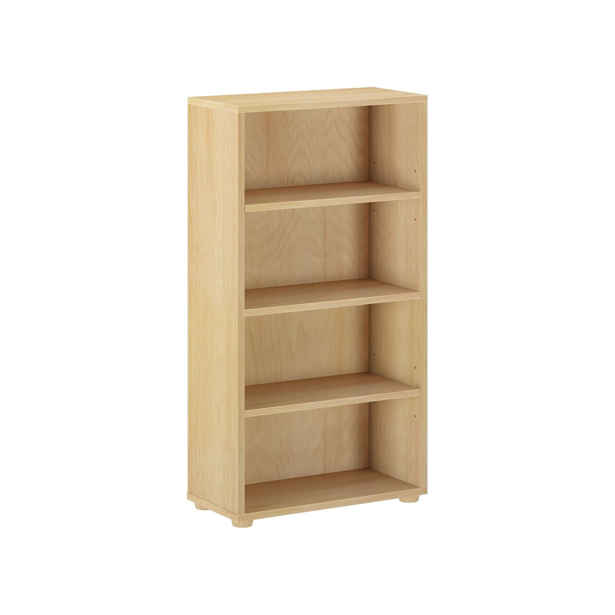 Wooden bookshelf with four shelves for home or office organization.