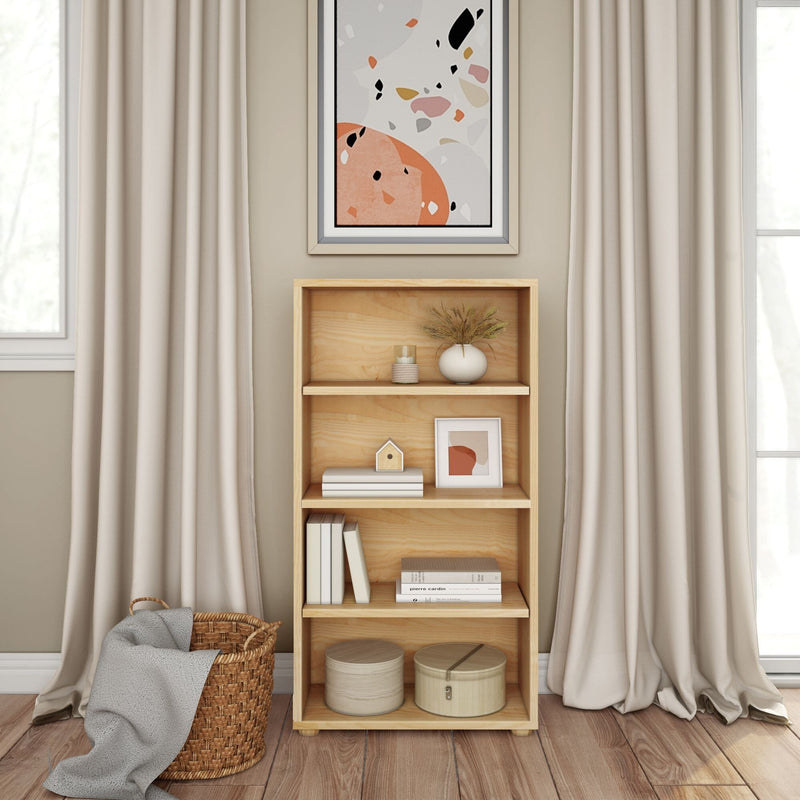 Cozy living room with wooden bookshelf, decorative items, and abstract wall art.