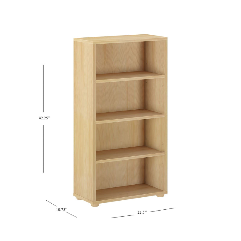 Natural wood finish bookcase with four adjustable shelves, measuring 42.25 inches tall, 22.5 inches wide, and 10.75 inches deep, ideal for home or office storage solutions.
