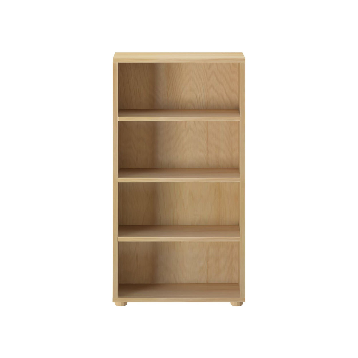 Five-shelf wooden bookcase for home office organization.