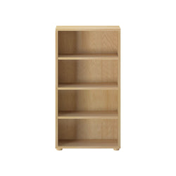 Five-shelf wooden bookcase for home office organization.