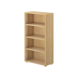Wooden bookshelf with four shelves for home office storage.