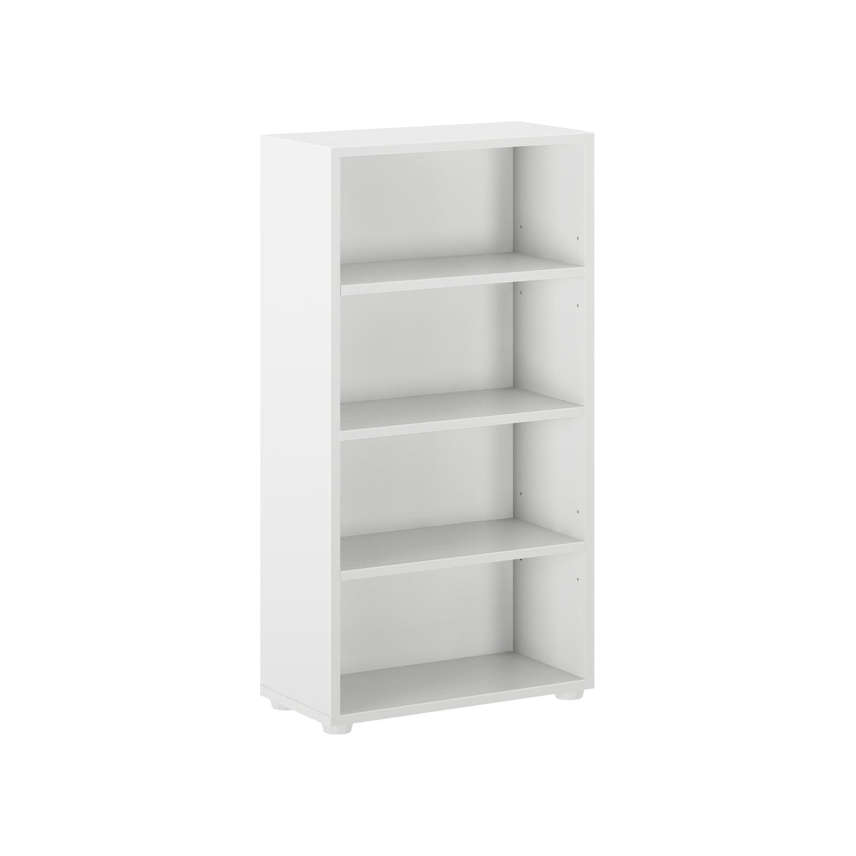 White four-shelf bookcase for home or office storage.