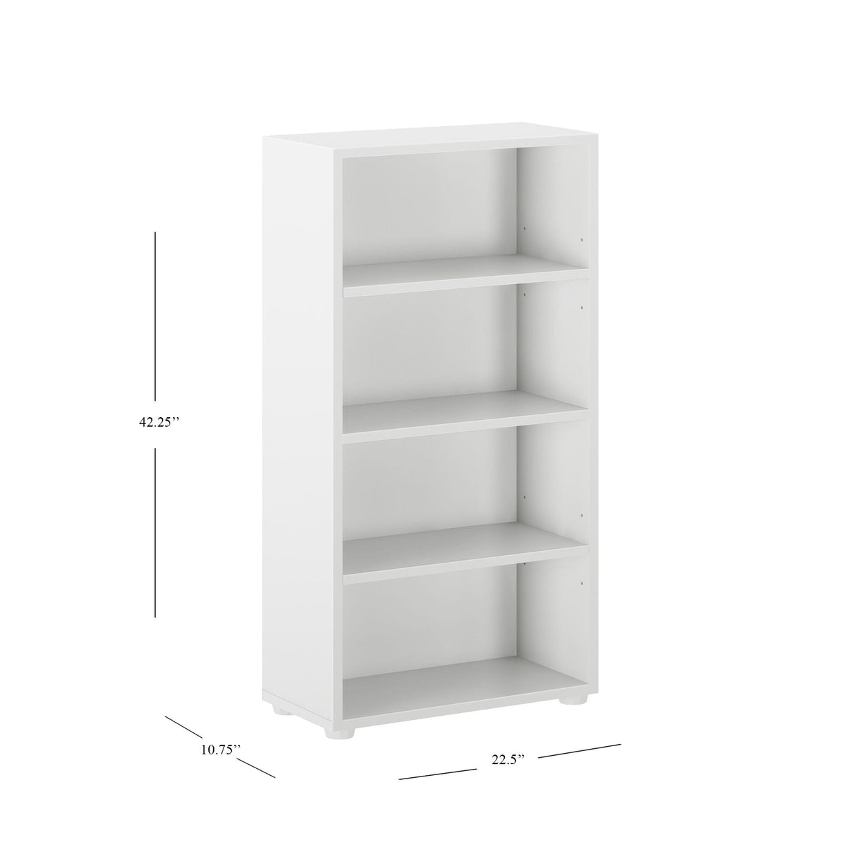 White four-shelf tall wooden bookcase with dimensions 42.25'' height, 22.5'' width, and 10.75'' depth.