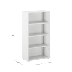 White four-shelf tall wooden bookcase with dimensions 42.25'' height, 22.5'' width, and 10.75'' depth.