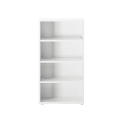 White wooden bookshelf with four shelves, ideal for home or office storage.
