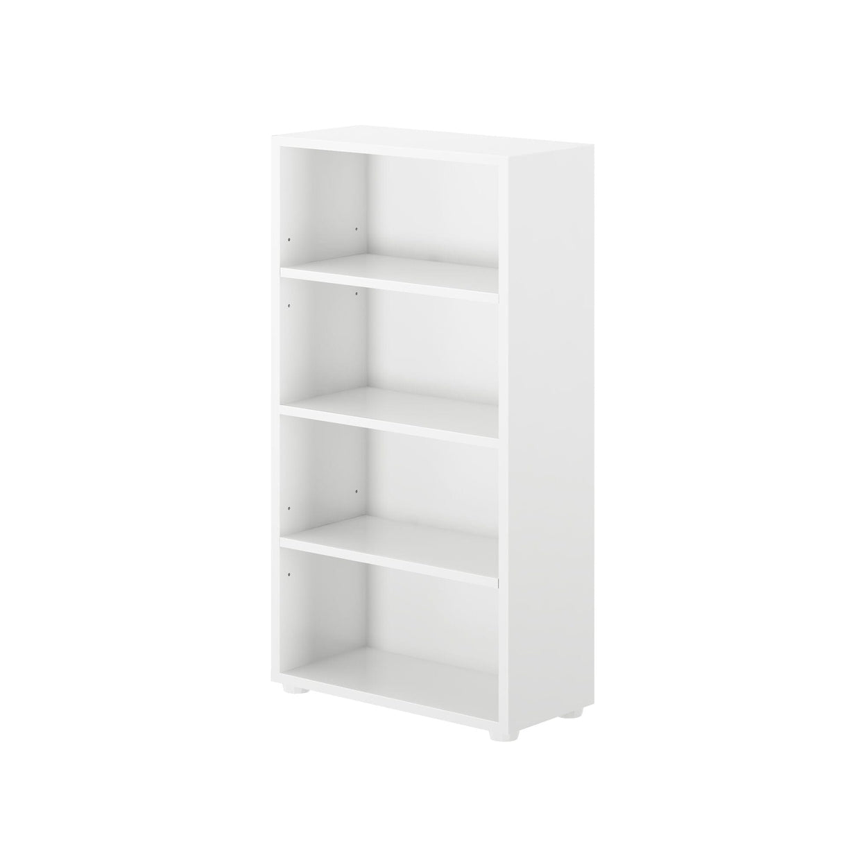 White bookshelf with four shelves for modern home storage solutions.