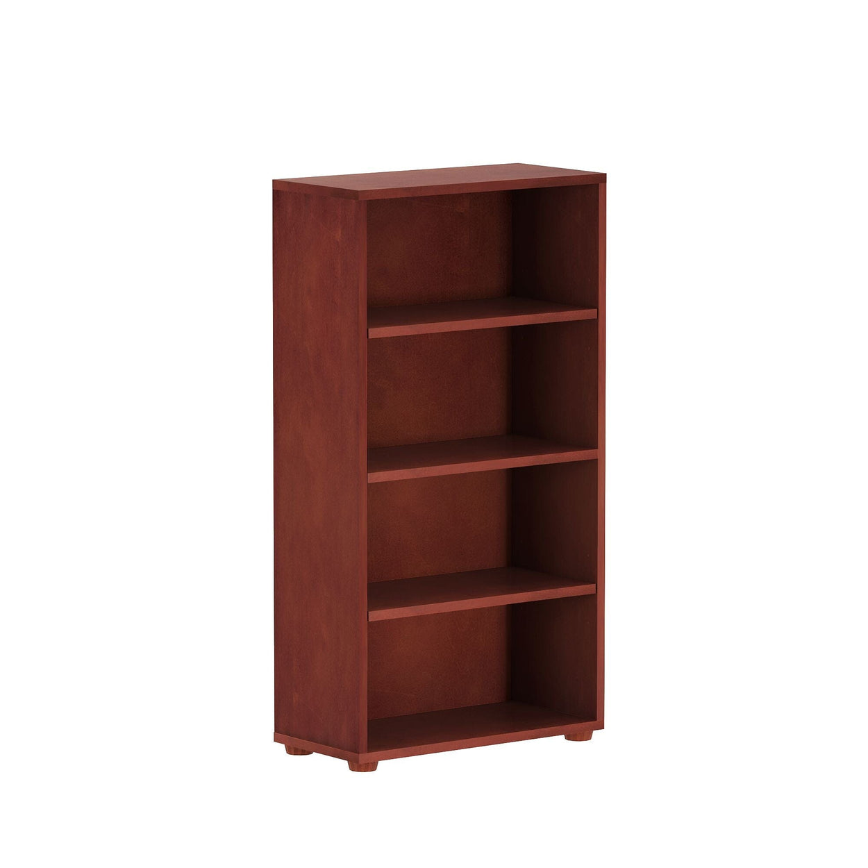 Wooden bookshelf with four shelves in a rich brown finish.