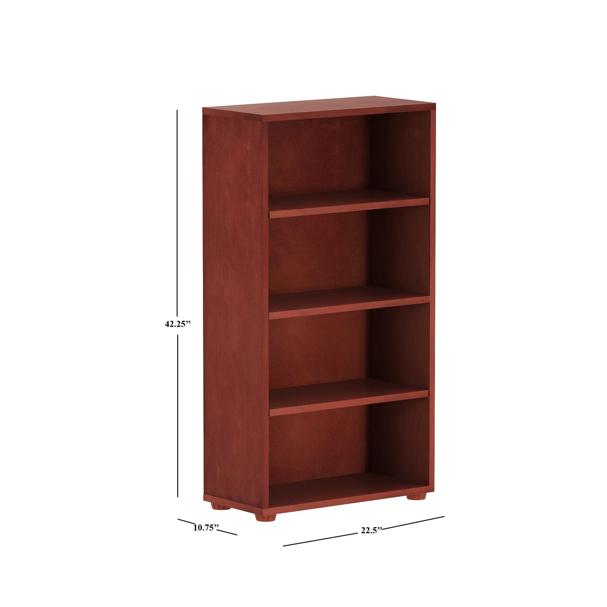 Wooden bookshelf with four shelves, dimensions 42.25" height, 22.5" width, 10.75" depth.