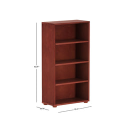 Wooden bookshelf with four shelves, dimensions 42.25" height, 22.5" width, 10.75" depth.