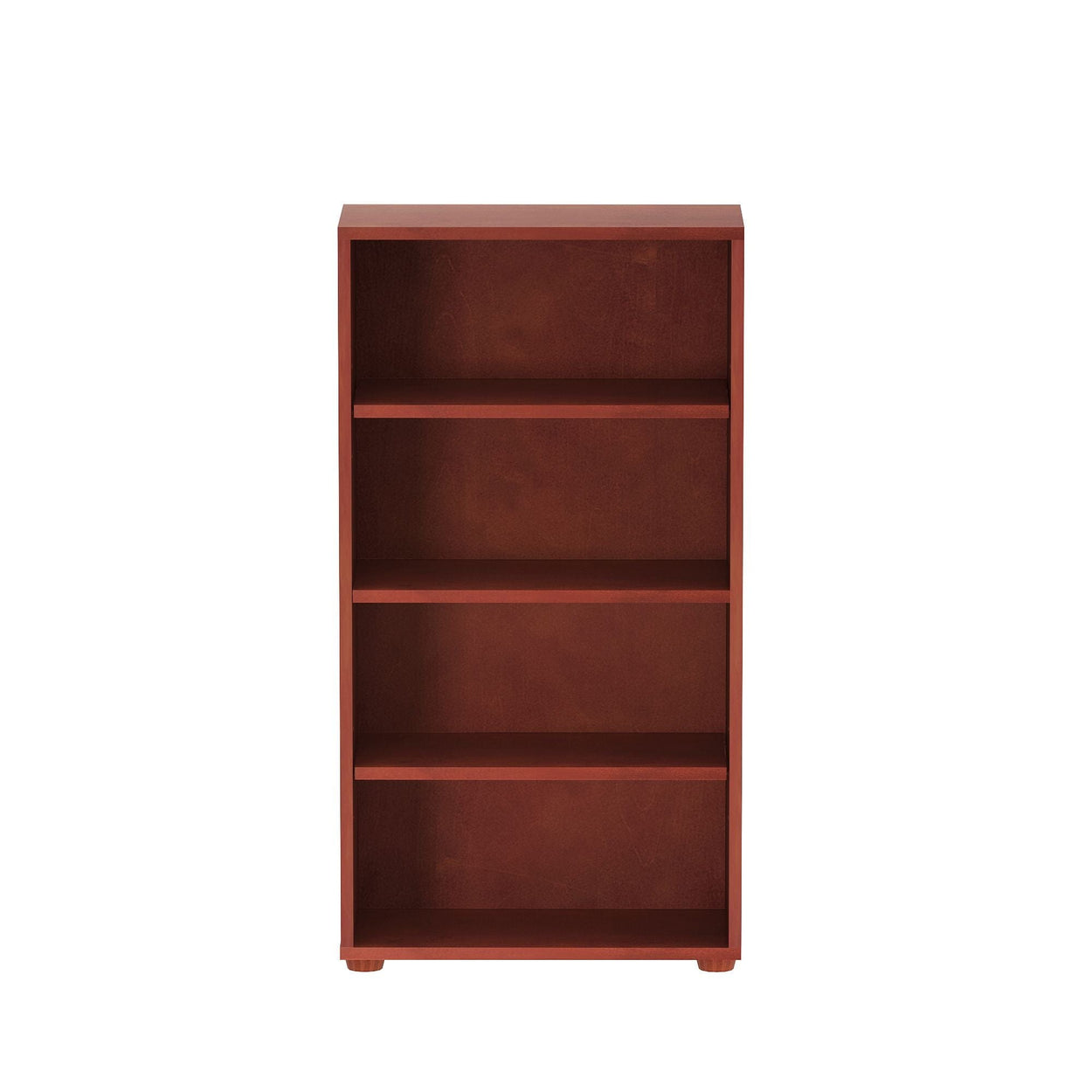 Tall wooden bookcase with four shelves in a rich brown finish.